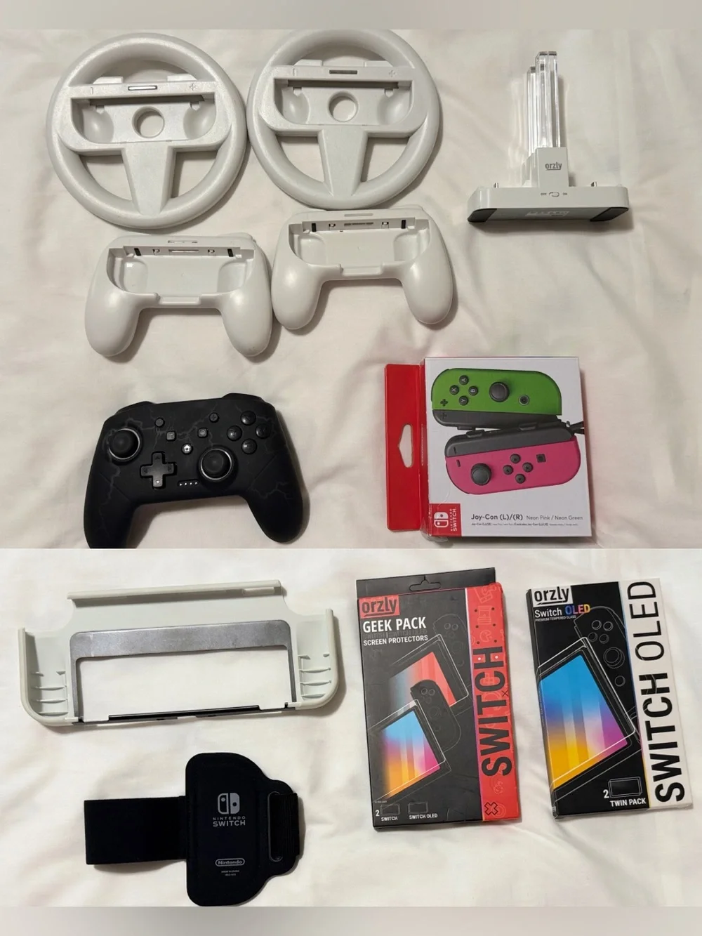 Nintendo Switch White OLED Console Bundle with White Wheel Controllers and Games